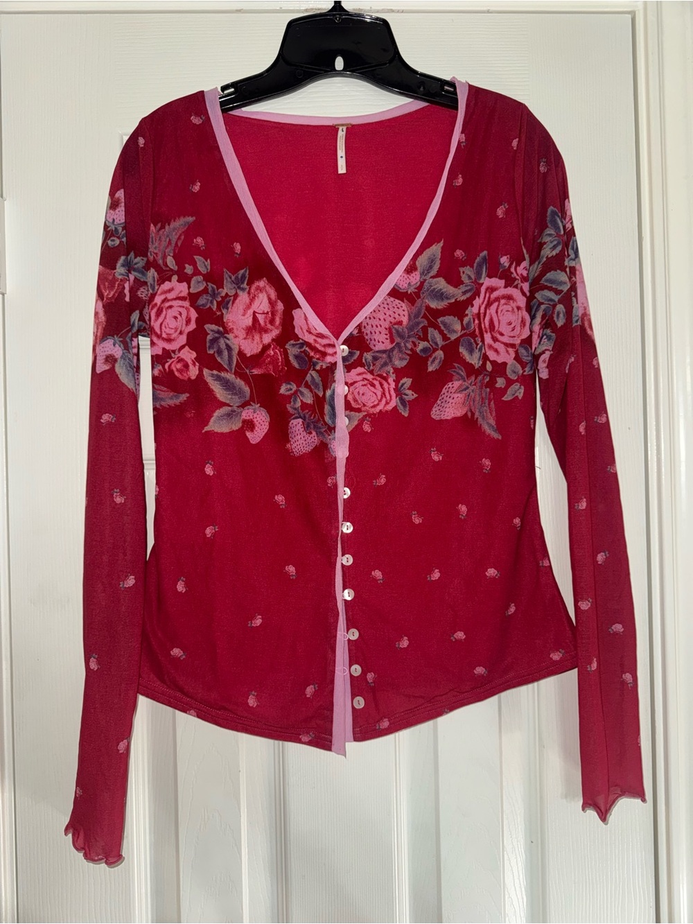 Free People Sheer  Pink and Red Sheer Button-Front Top